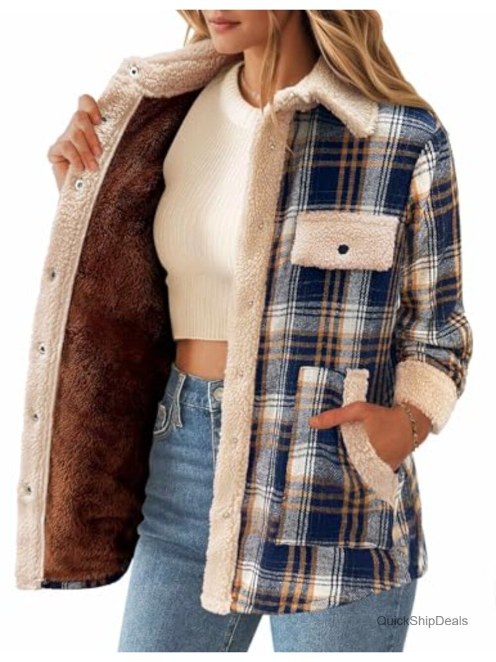 Womens Fleece Lined Plaid Shacket Snap Button Sherpa Flannel Jacket